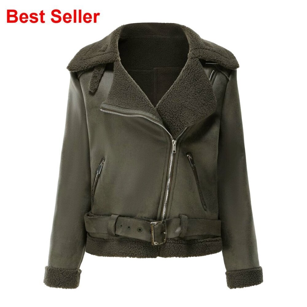 Faux Suede Sherpa Lined Moto Jacket Asymmetric Zipper Warm Winter Coat